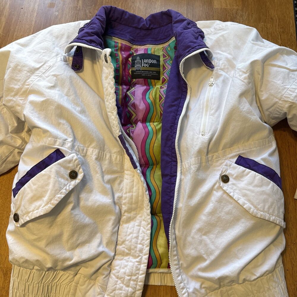 Vintage London Fog White Purple Jacket Women’s Retro Colorful Geometric Lined M